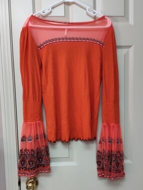 Free People Coral Orange Embroidered Bell Sleeve Top